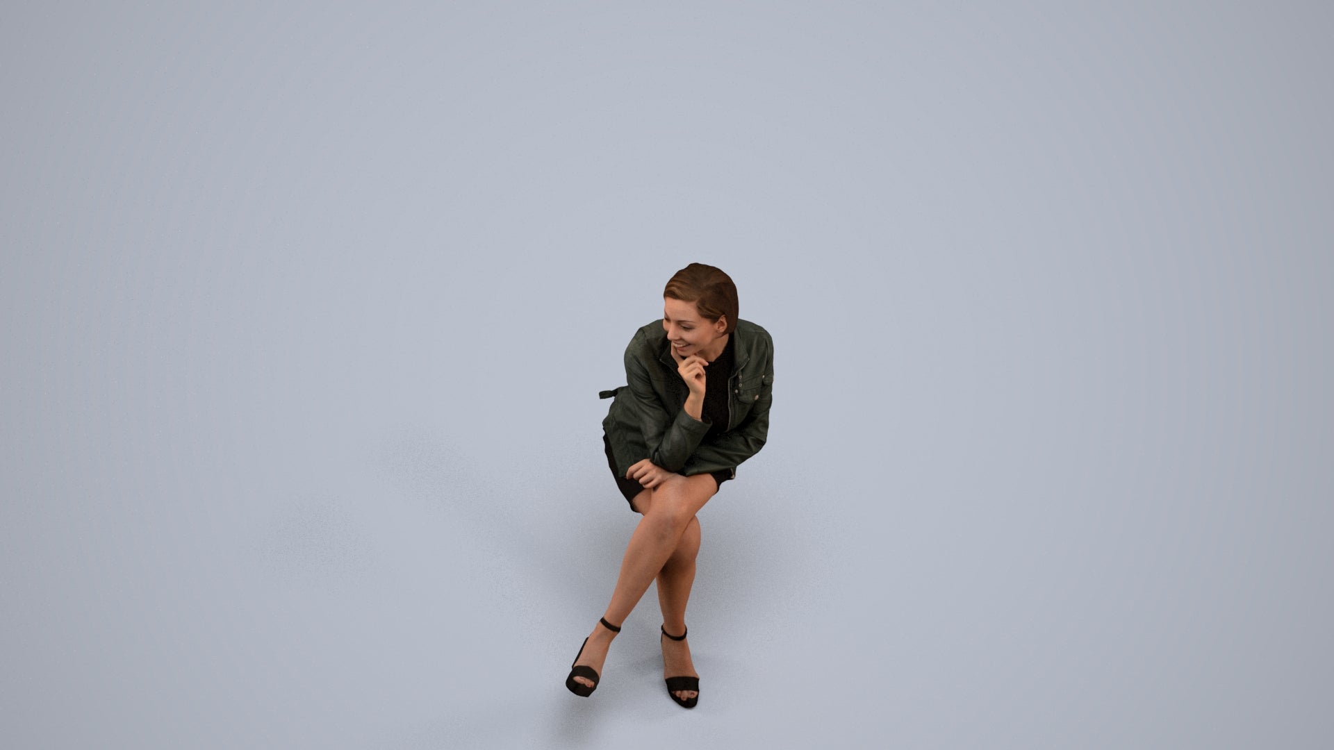 3D scanned woman sitting casual, photorealistic archviz people for Enscape and SketchUp, back view render
