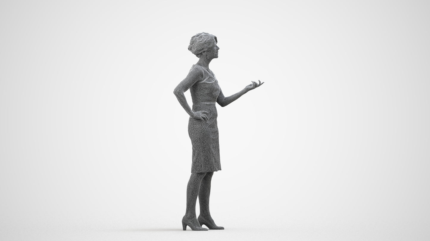 realistic 3D human woman business standing, archviz people FBX OBJ for Blender, wireframe side view