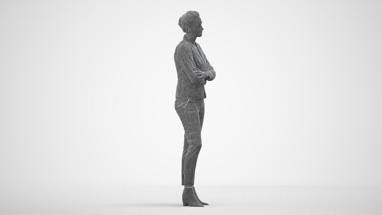 3D human model woman business, photogrammetry scanned person for archviz, wireframe side view