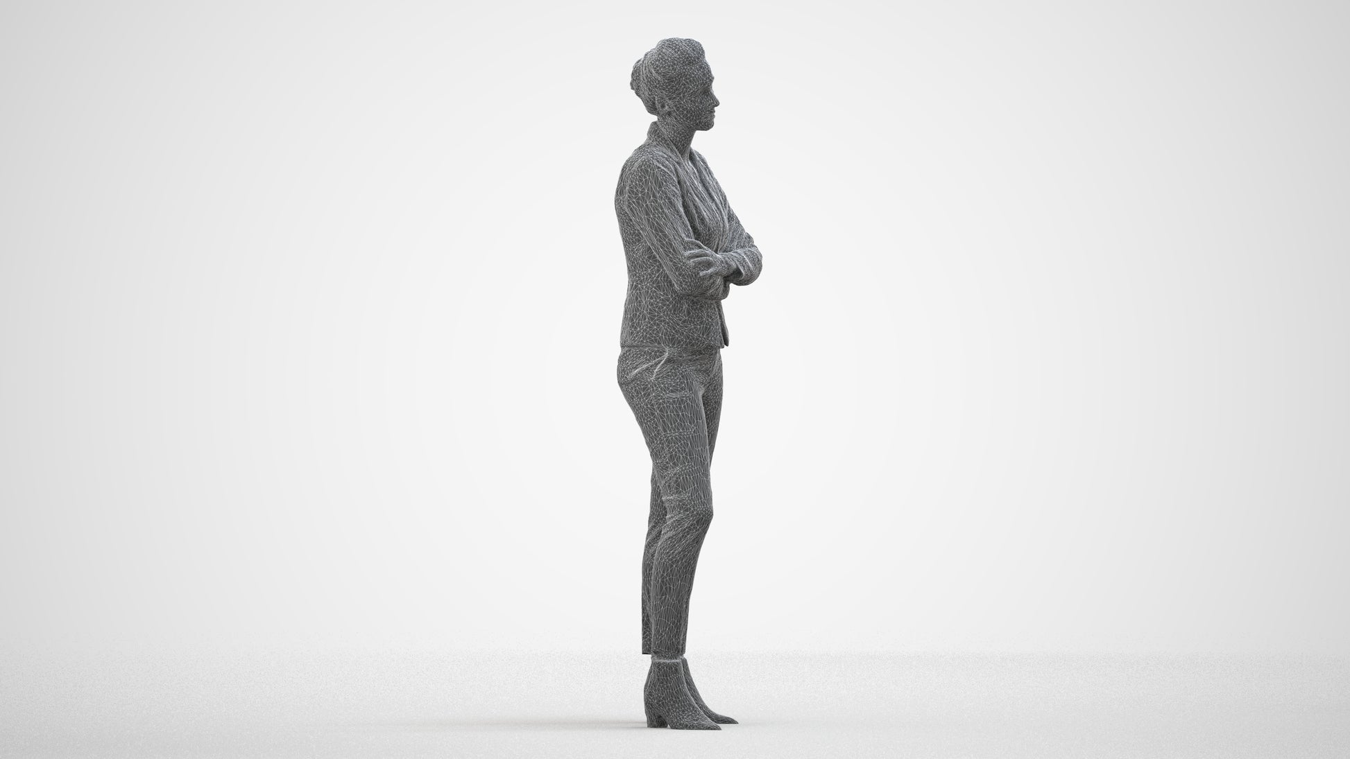 3D human model woman business, photogrammetry scanned person for archviz, wireframe side view