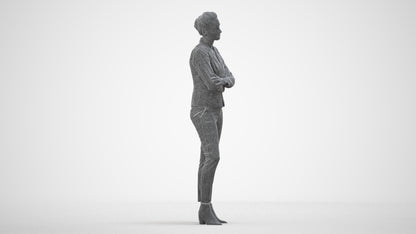 3D human model woman business, photogrammetry scanned person for archviz, wireframe side view
