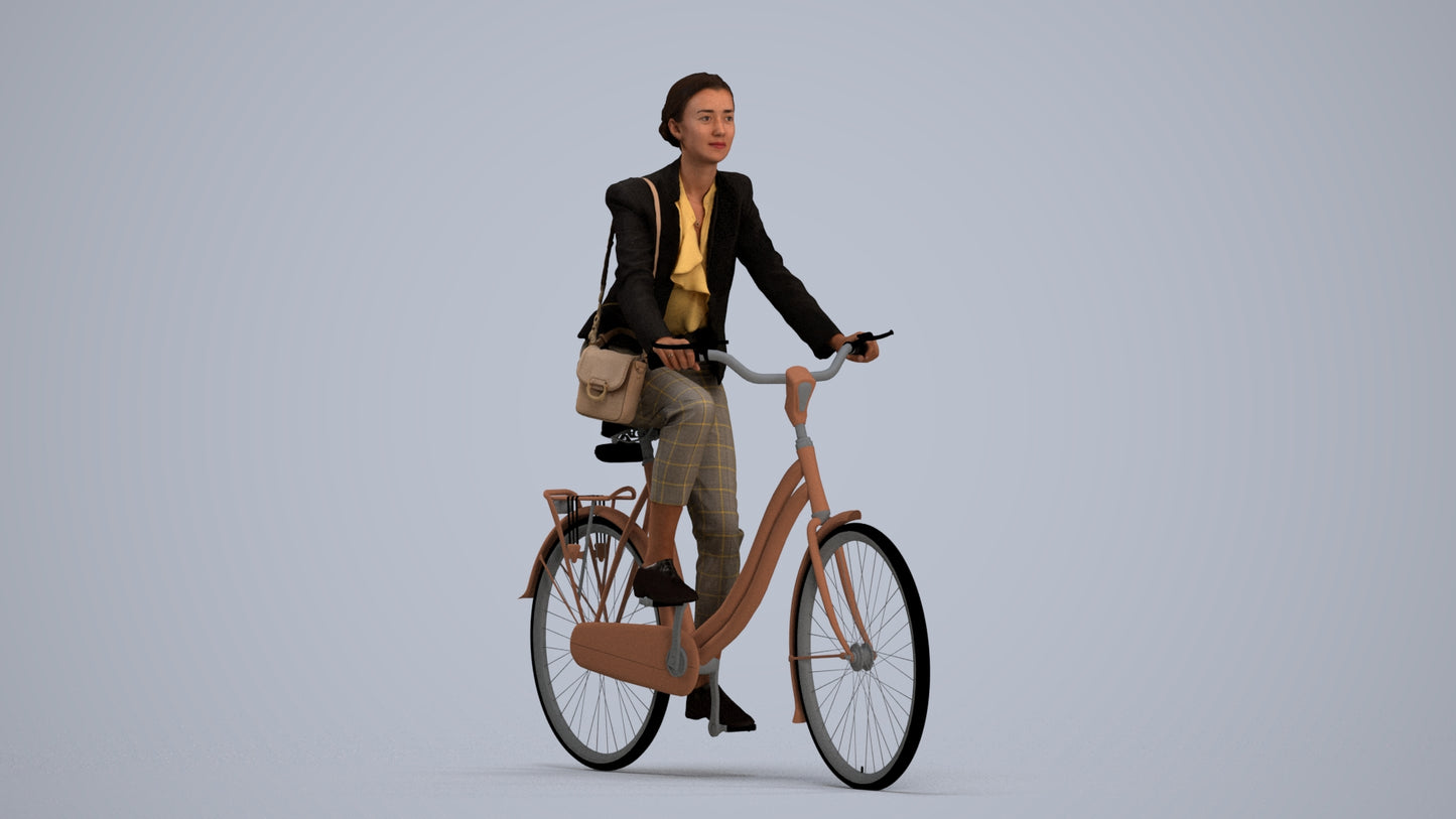 realistic 3D woman business cycling, scanned archviz people for Blender and 3ds Max, standing pose render
