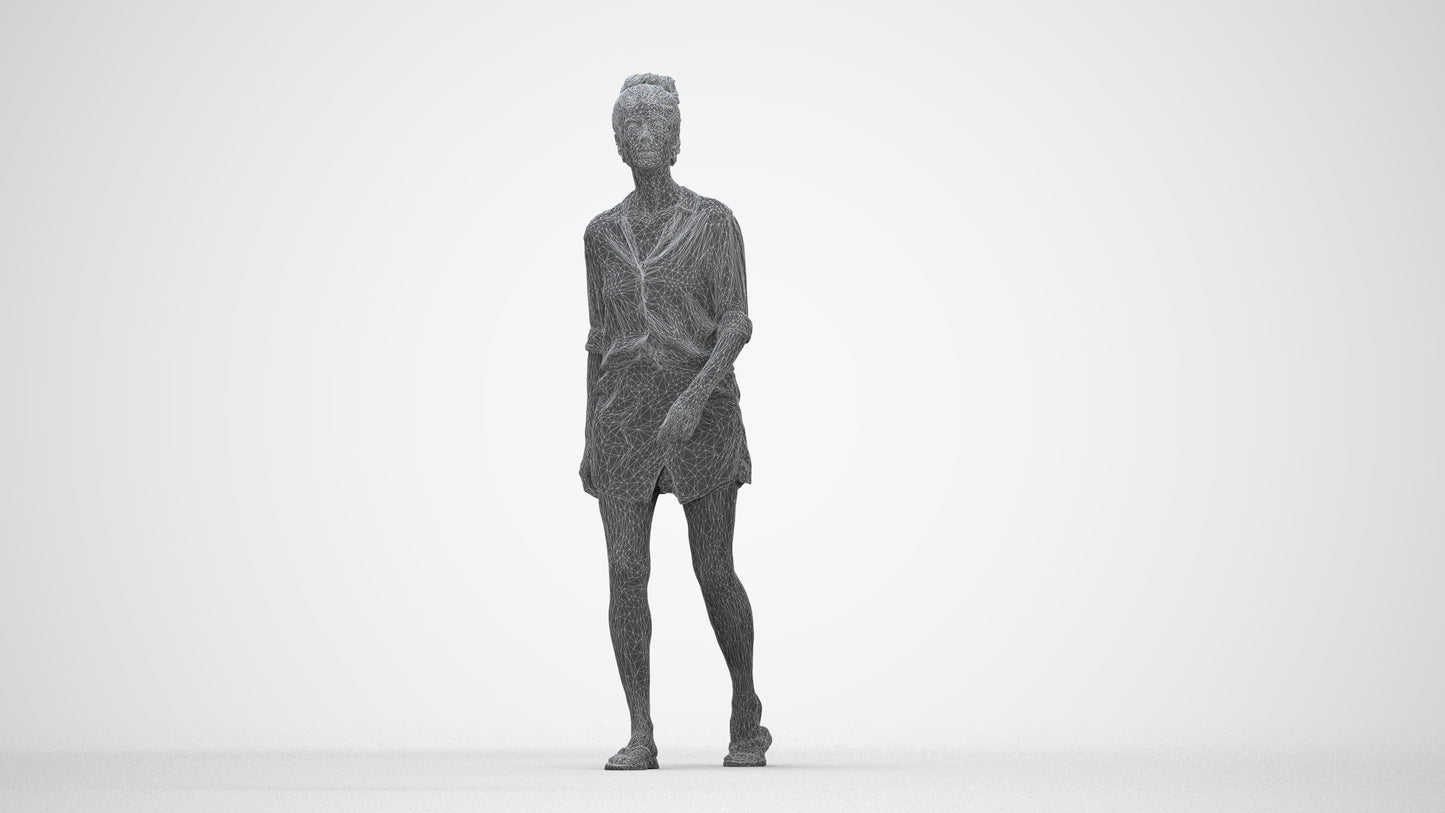3D human model woman casual standing, photogrammetry scanned person for archviz, wireframe back view