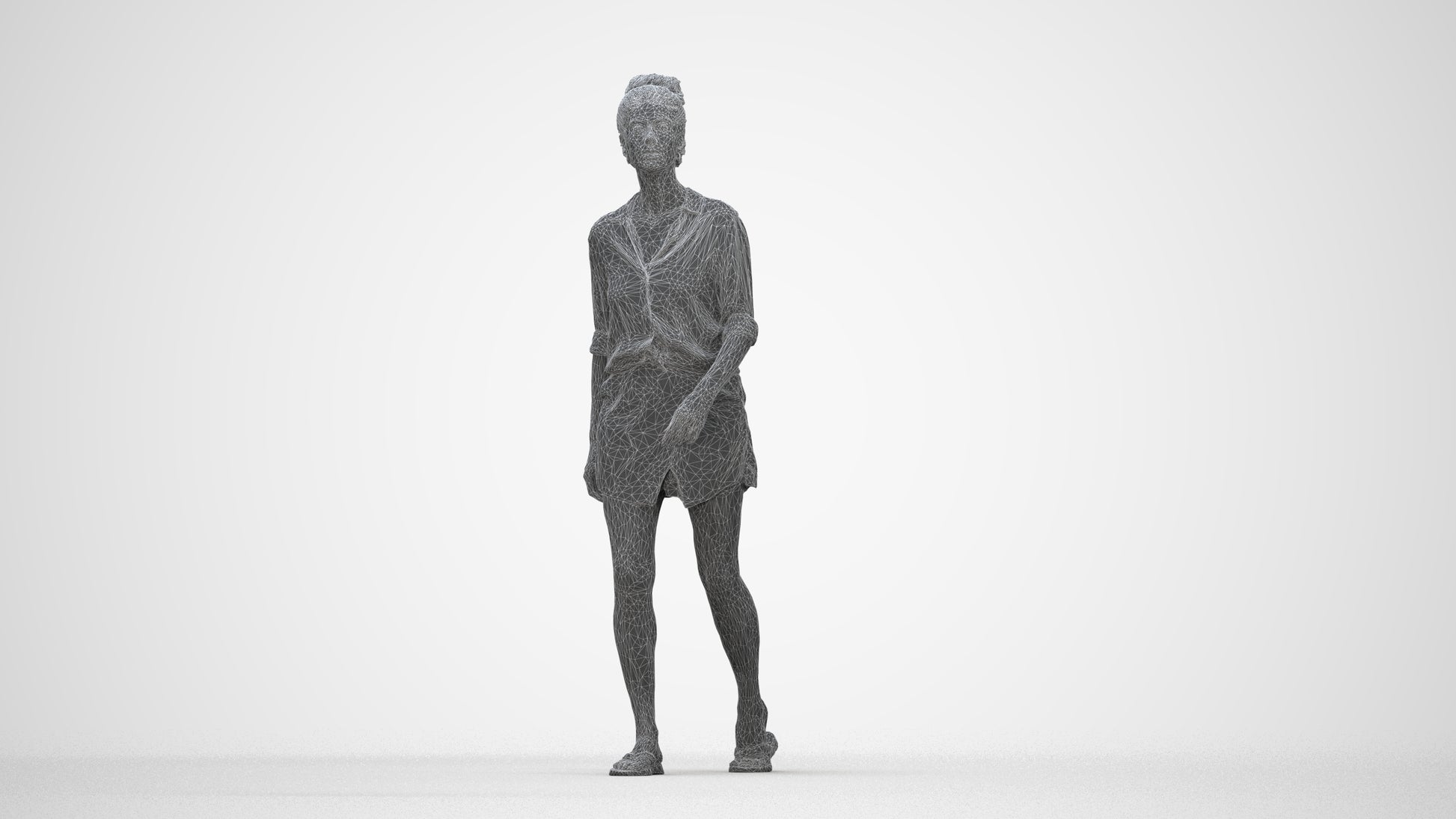 3D human model woman casual standing, photogrammetry scanned person for archviz, wireframe back view