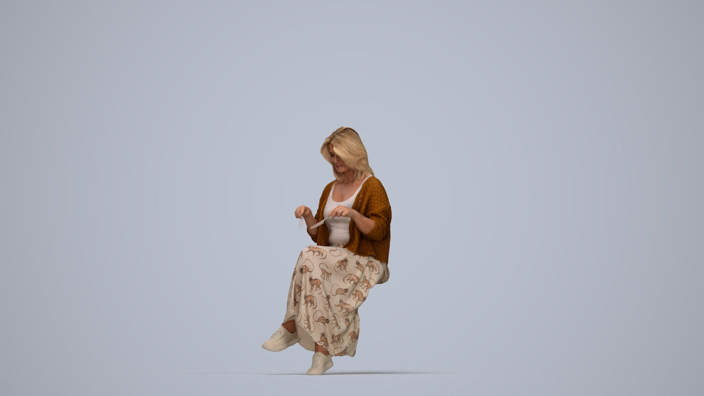 photogrammetry 3D woman casual sitting, realistic human model archviz FBX, top-down view render
