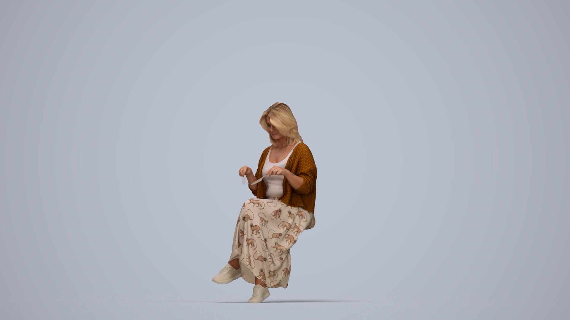 photogrammetry 3D woman casual sitting, realistic human model archviz FBX, top-down view render