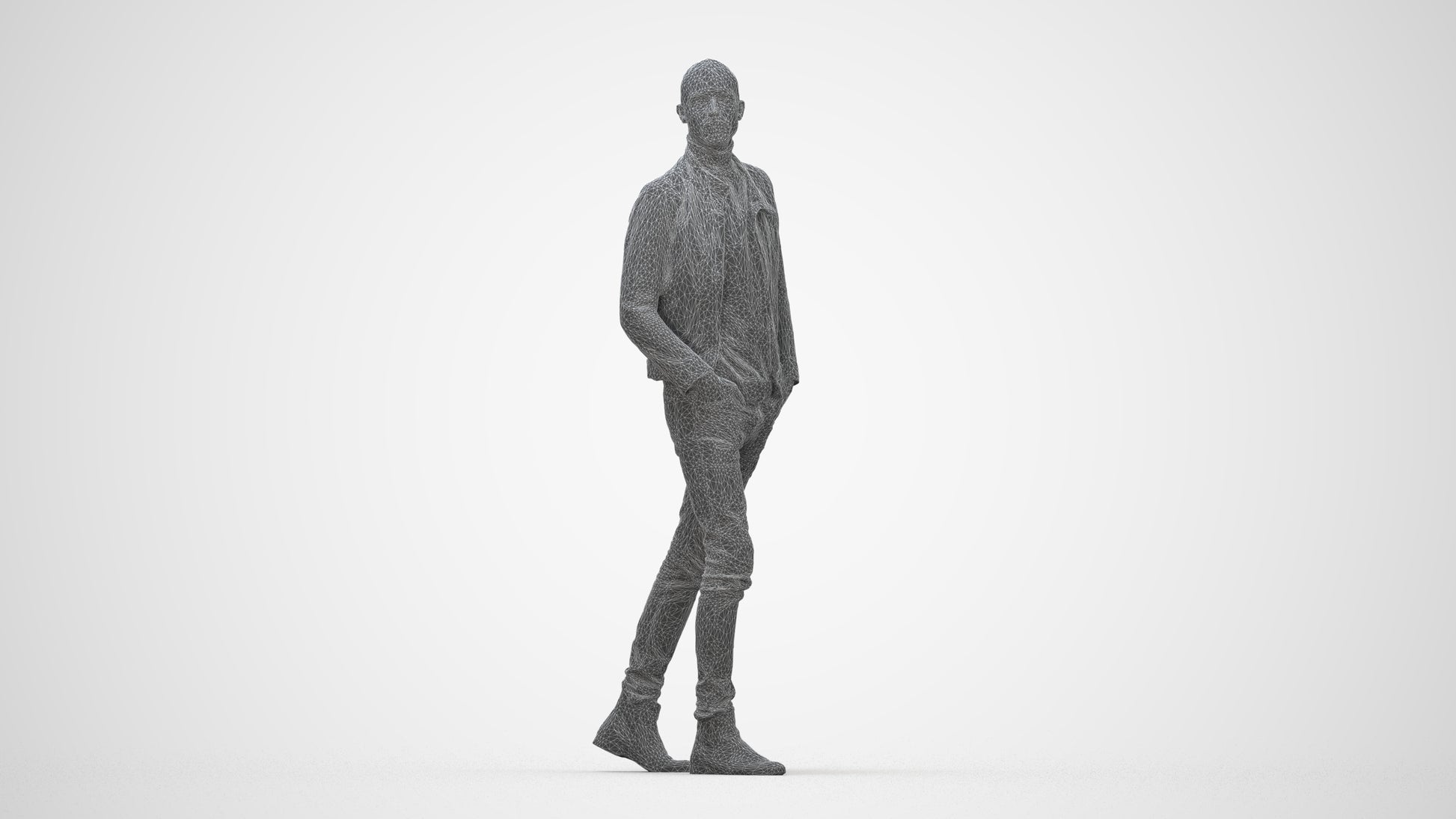 3D scanned man walking casual, photorealistic archviz people for Enscape and SketchUp, wireframe back view