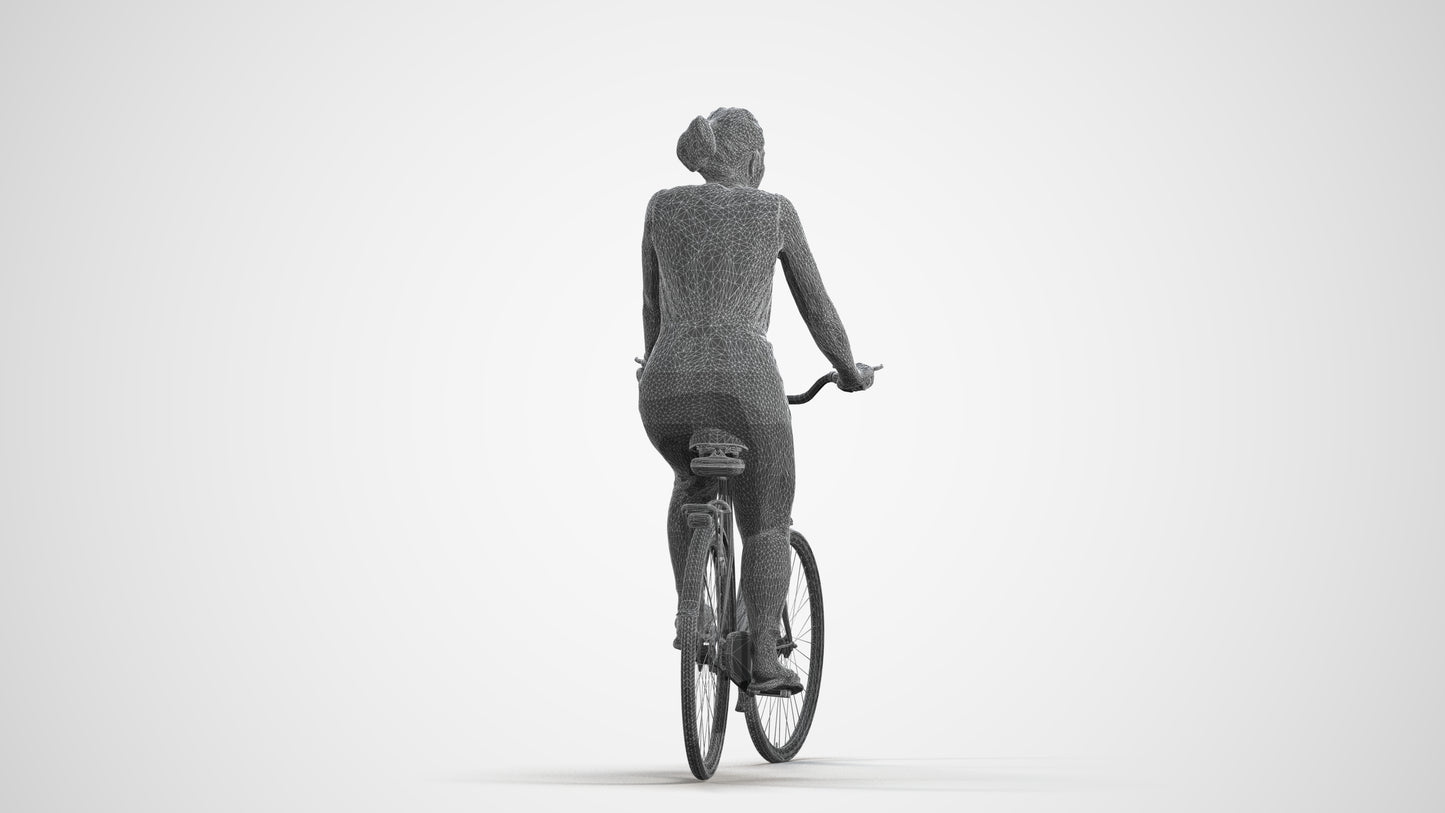 realistic 3D human woman casual cycling, archviz people FBX OBJ for Blender, wireframe front view