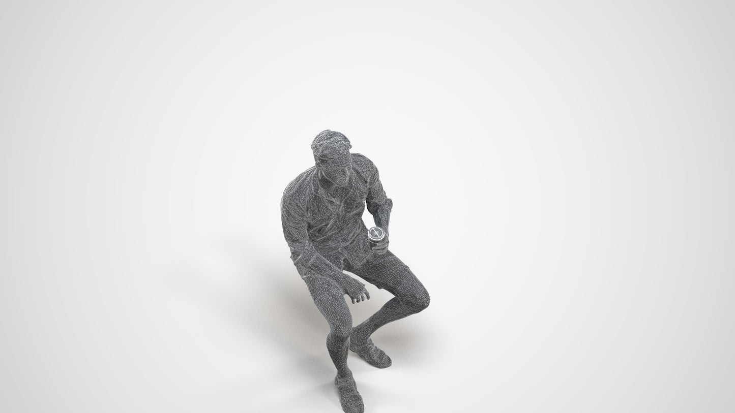 photogrammetry 3D man casual sitting, realistic human model archviz FBX, wireframe three-quarter view
