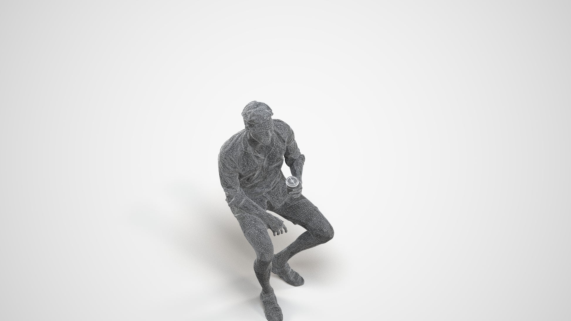 photogrammetry 3D man casual sitting, realistic human model archviz FBX, wireframe three-quarter view