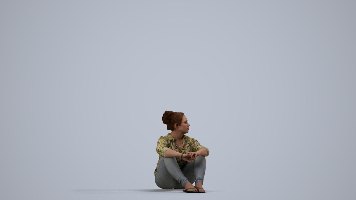 photogrammetry 3D woman casual sitting, realistic human model archviz FBX, side view render