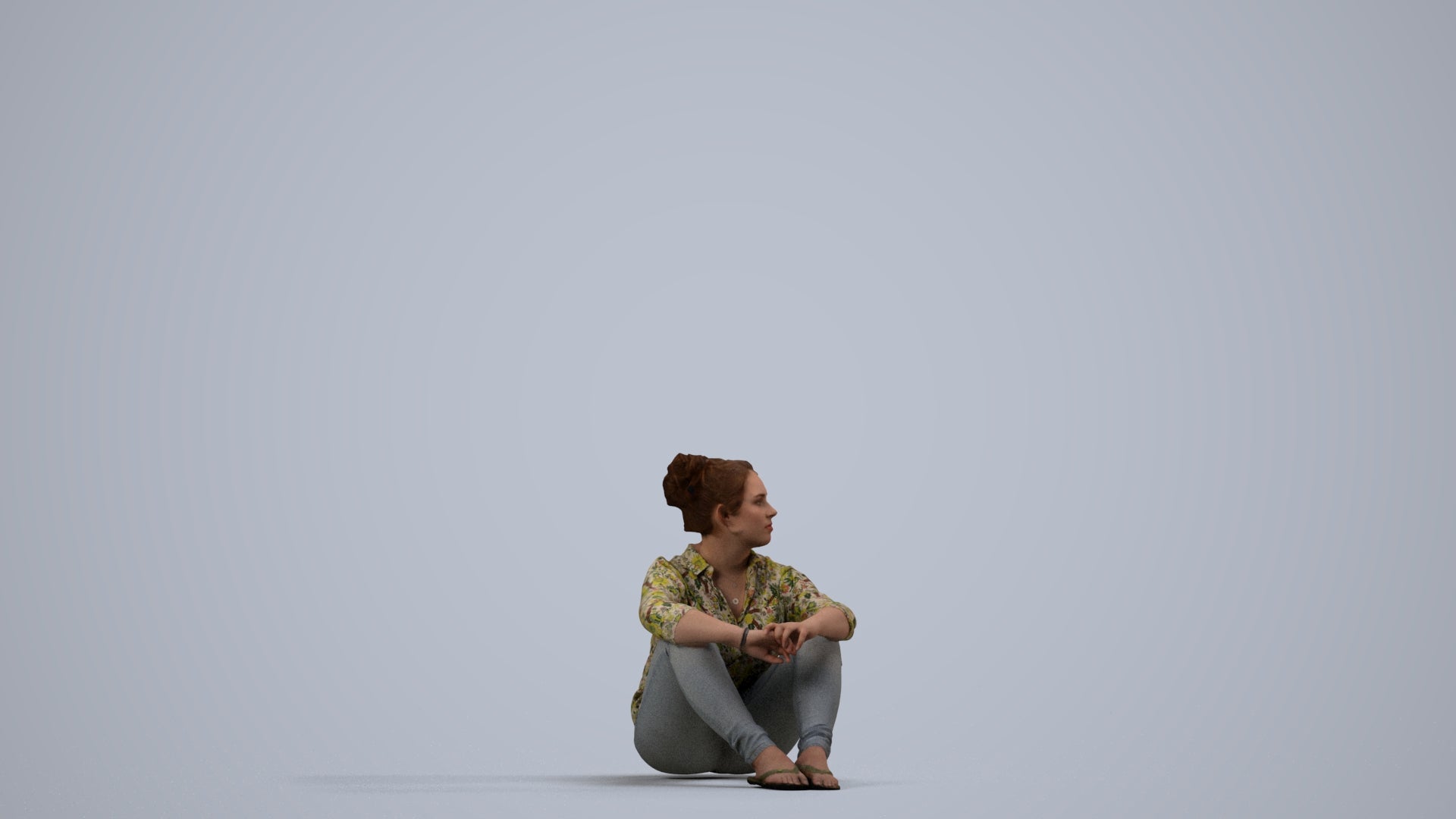photogrammetry 3D woman casual sitting, realistic human model archviz FBX, side view render