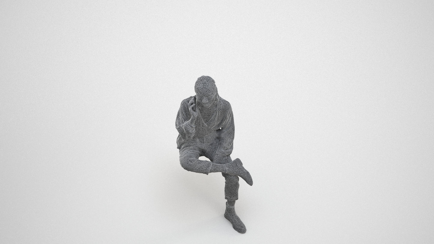 3D people model woman casual sitting, scanned human for 3ds Max rendering, wireframe three-quarter view