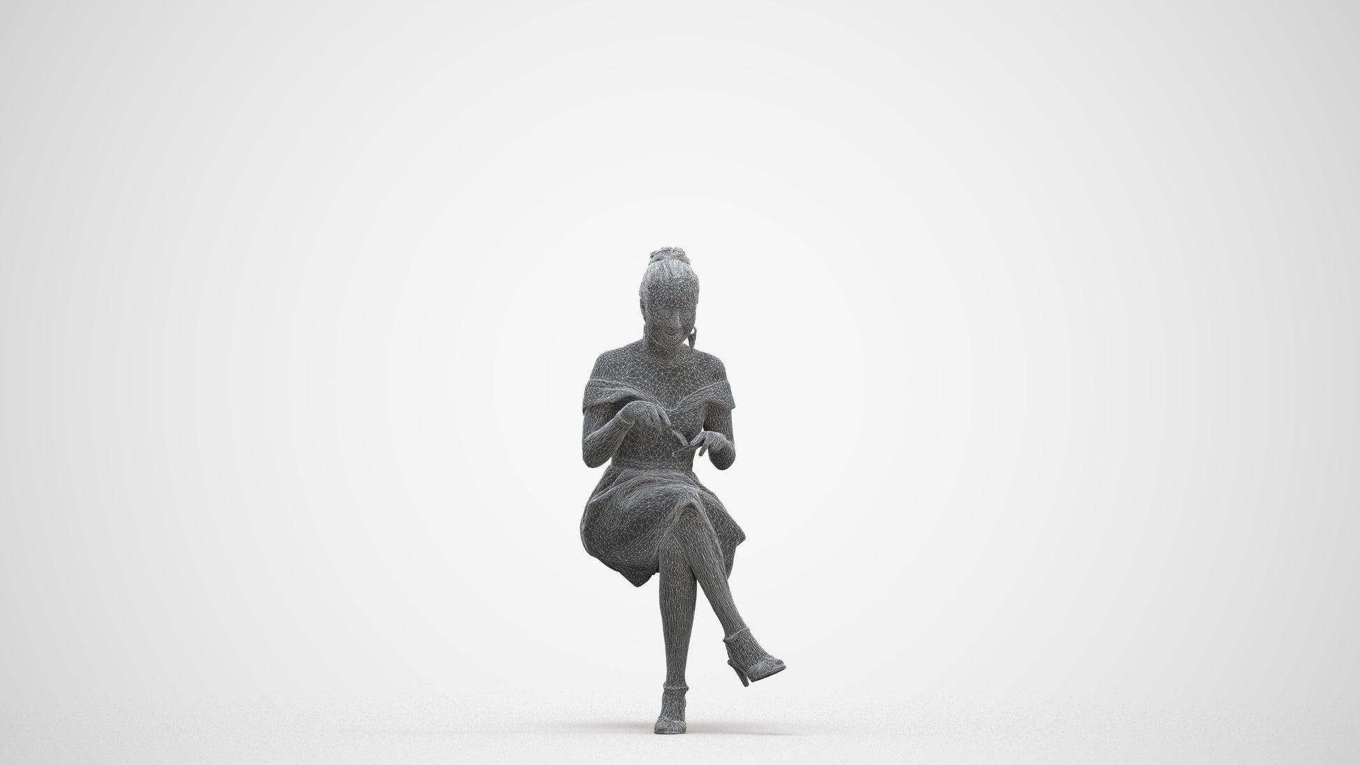 3D human model woman formal sitting, photogrammetry scanned person for archviz, three-quarter front view render