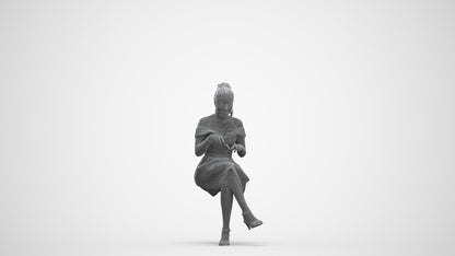 3D human model woman formal sitting, photogrammetry scanned person for archviz, three-quarter front view render