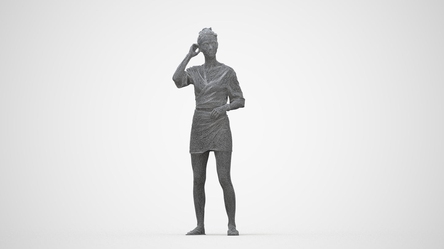3D human model woman casual standing, photogrammetry scanned person for archviz, wireframe back view