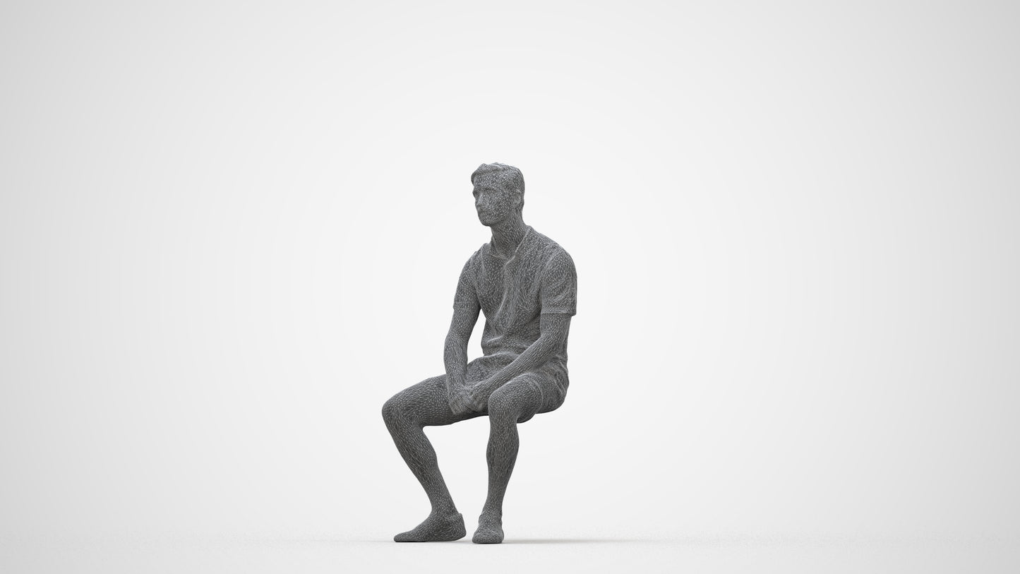 realistic 3D people man casual sitting, render-ready for V-Ray and Corona, FBX OBJ, wireframe back view