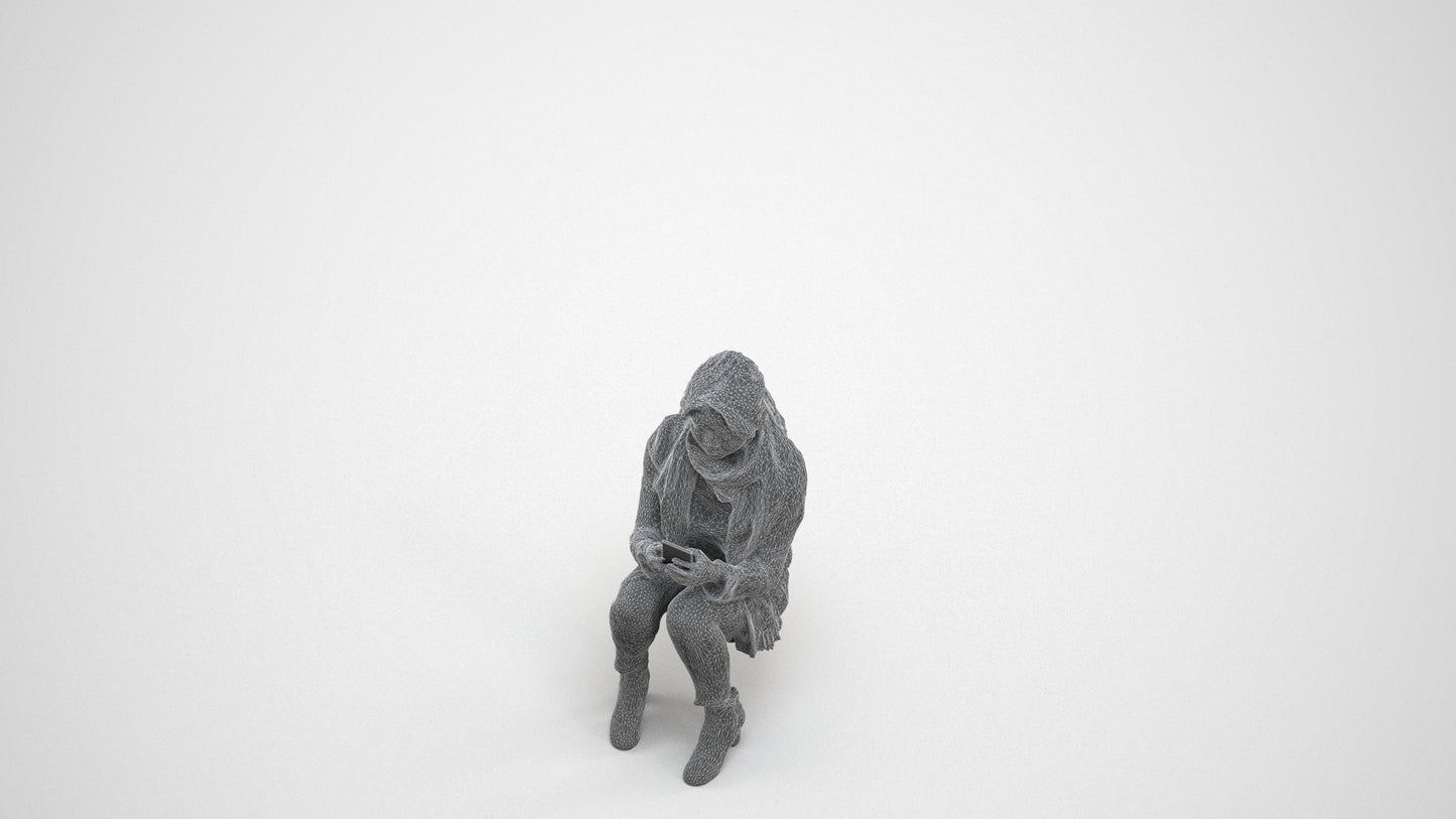 photogrammetry 3D woman casual sitting, realistic human model archviz FBX, wireframe three-quarter view