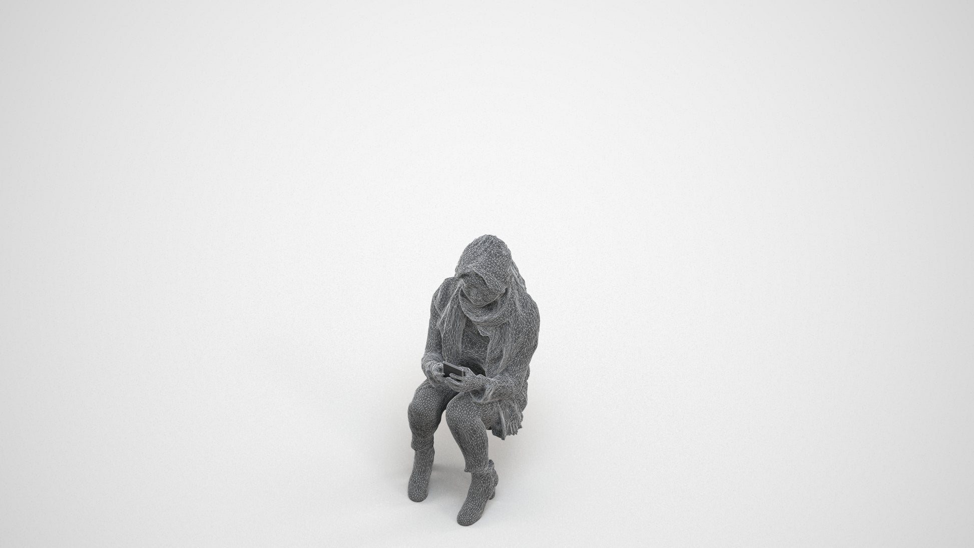 photogrammetry 3D woman casual sitting, realistic human model archviz FBX, wireframe three-quarter view