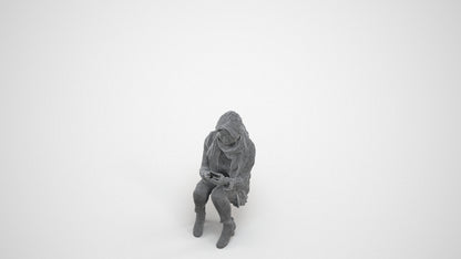photogrammetry 3D woman casual sitting, realistic human model archviz FBX, wireframe three-quarter view
