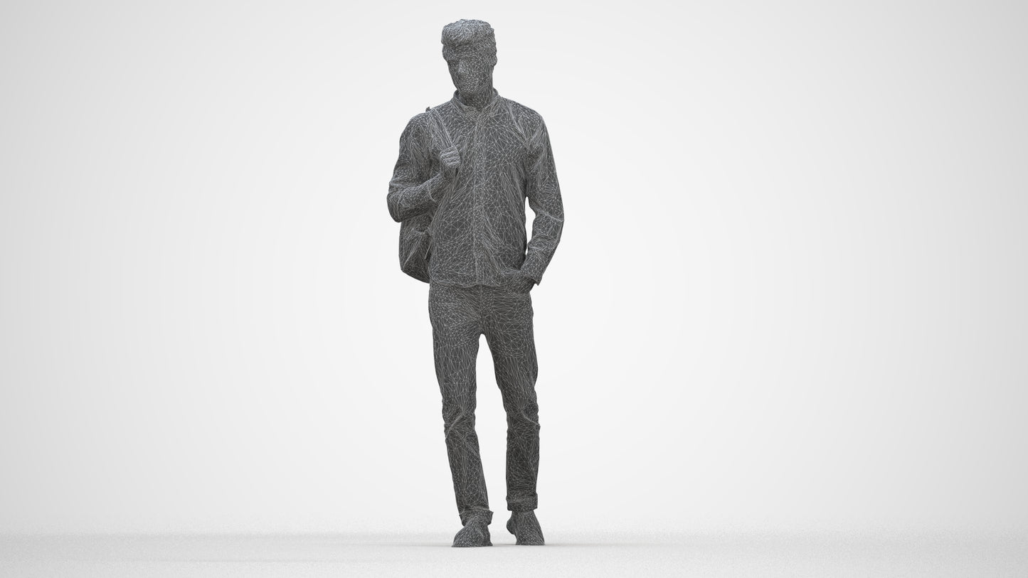 scanned 3D man casual walking, photogrammetry people for Enscape and V-Ray, wireframe back view