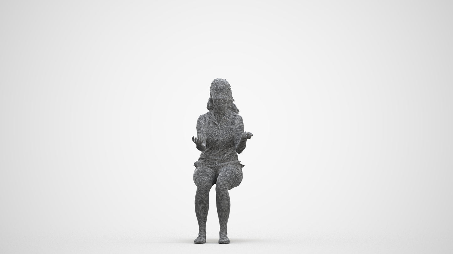 3D human model woman casual sitting, photogrammetry scanned person for archviz, three-quarter front view render