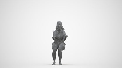 3D human model woman casual sitting, photogrammetry scanned person for archviz, three-quarter front view render