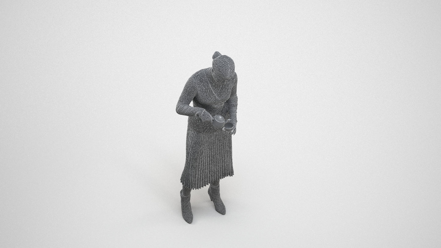 realistic 3D woman casual standing, scanned archviz people for Blender and 3ds Max, wireframe three-quarter view