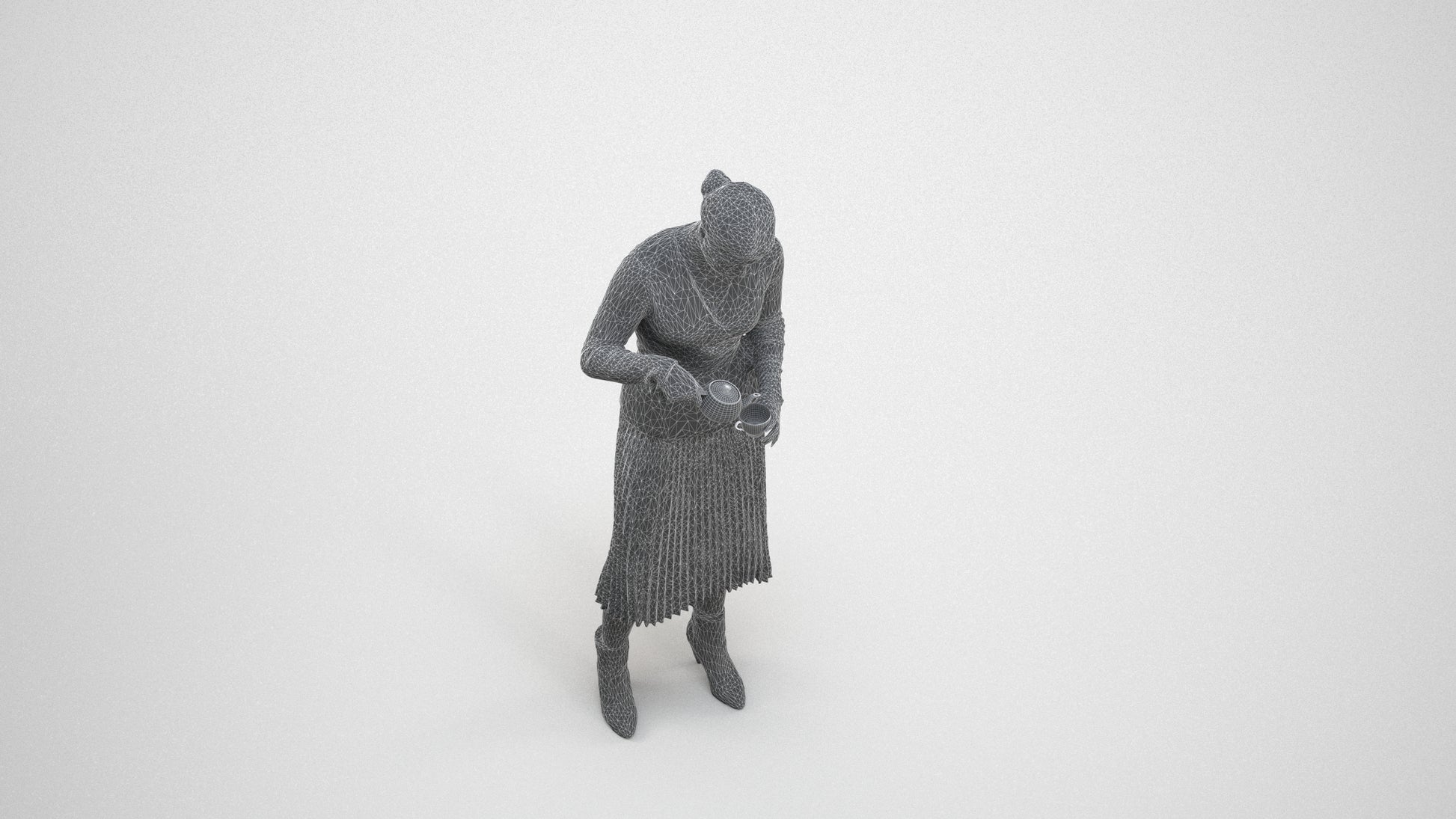 realistic 3D woman casual standing, scanned archviz people for Blender and 3ds Max, wireframe three-quarter view
