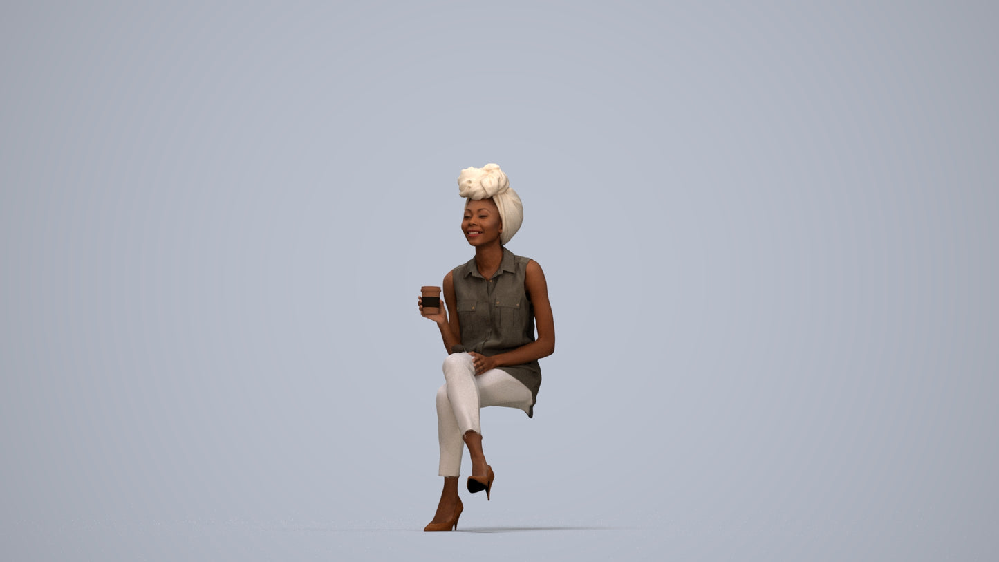 photogrammetry 3D woman casual sitting, realistic human model archviz FBX, top-down view render