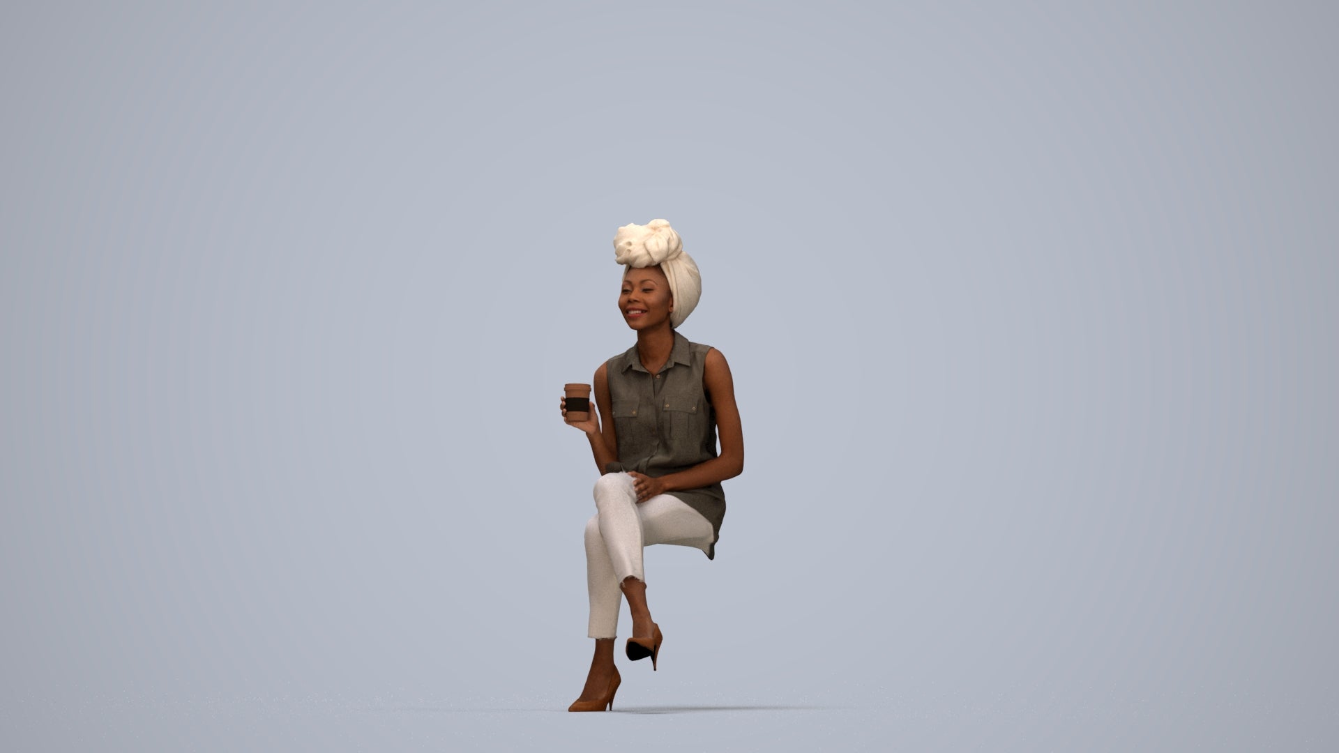 photogrammetry 3D woman casual sitting, realistic human model archviz FBX, top-down view render