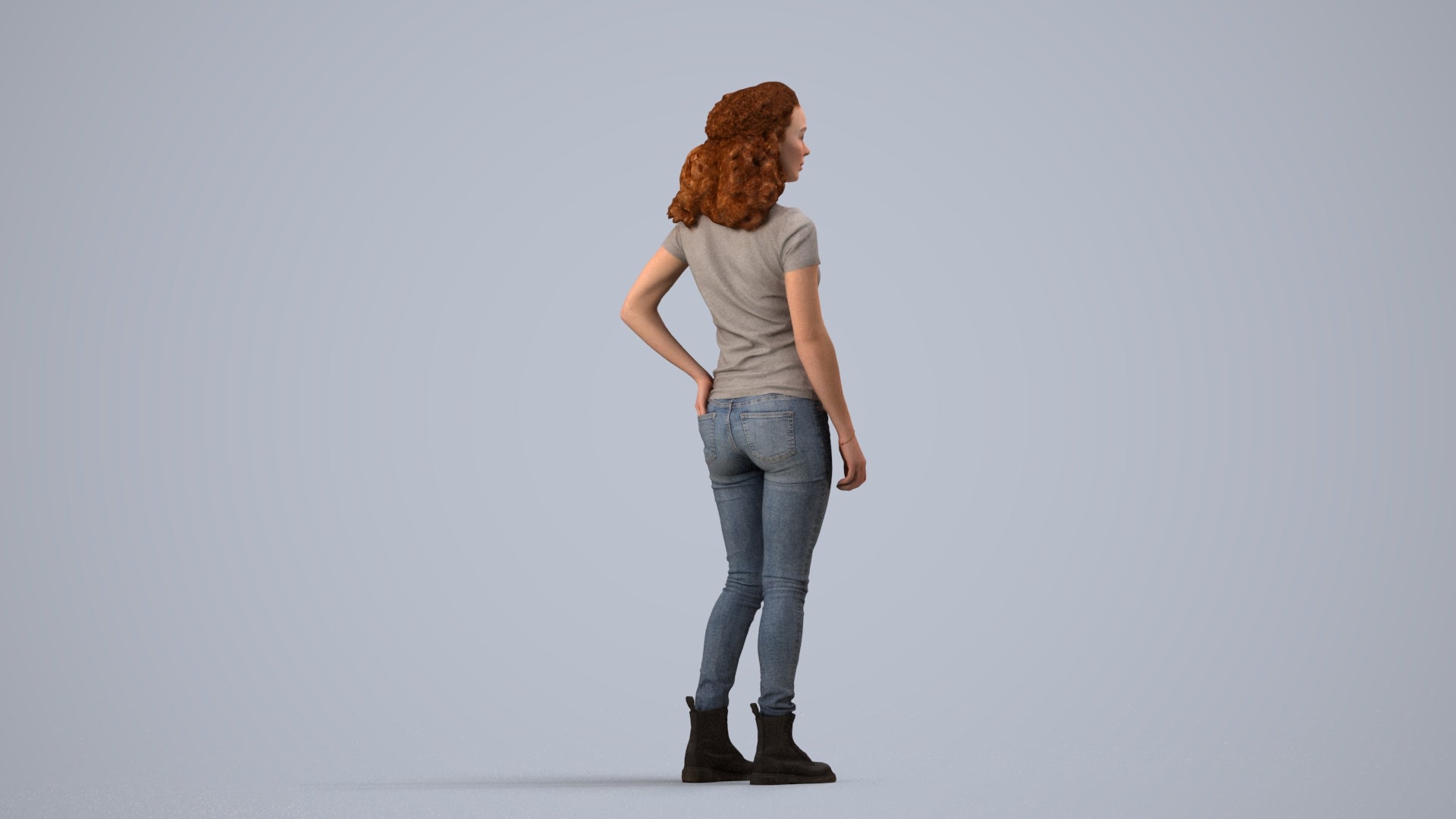 realistic 3D human woman casual standing, archviz people FBX OBJ for Blender, side view render