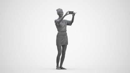 3D human model woman casual standing, photogrammetry scanned person for archviz, three-quarter front view render