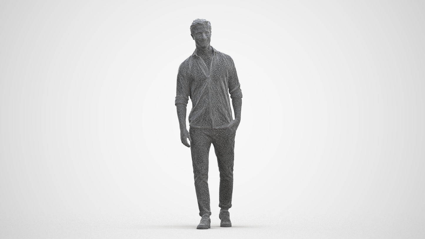 realistic 3D man casual walking, scanned archviz people for Blender and 3ds Max, three-quarter front view render
