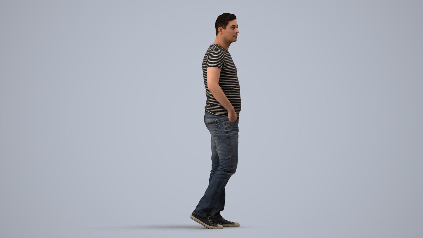 realistic 3D man casual standing, scanned archviz people for Blender and 3ds Max, side view render