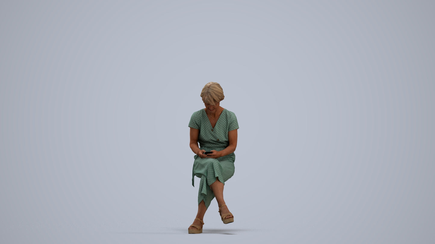 photogrammetry 3D senior woman casual sitting, realistic human model archviz FBX, standing pose render
