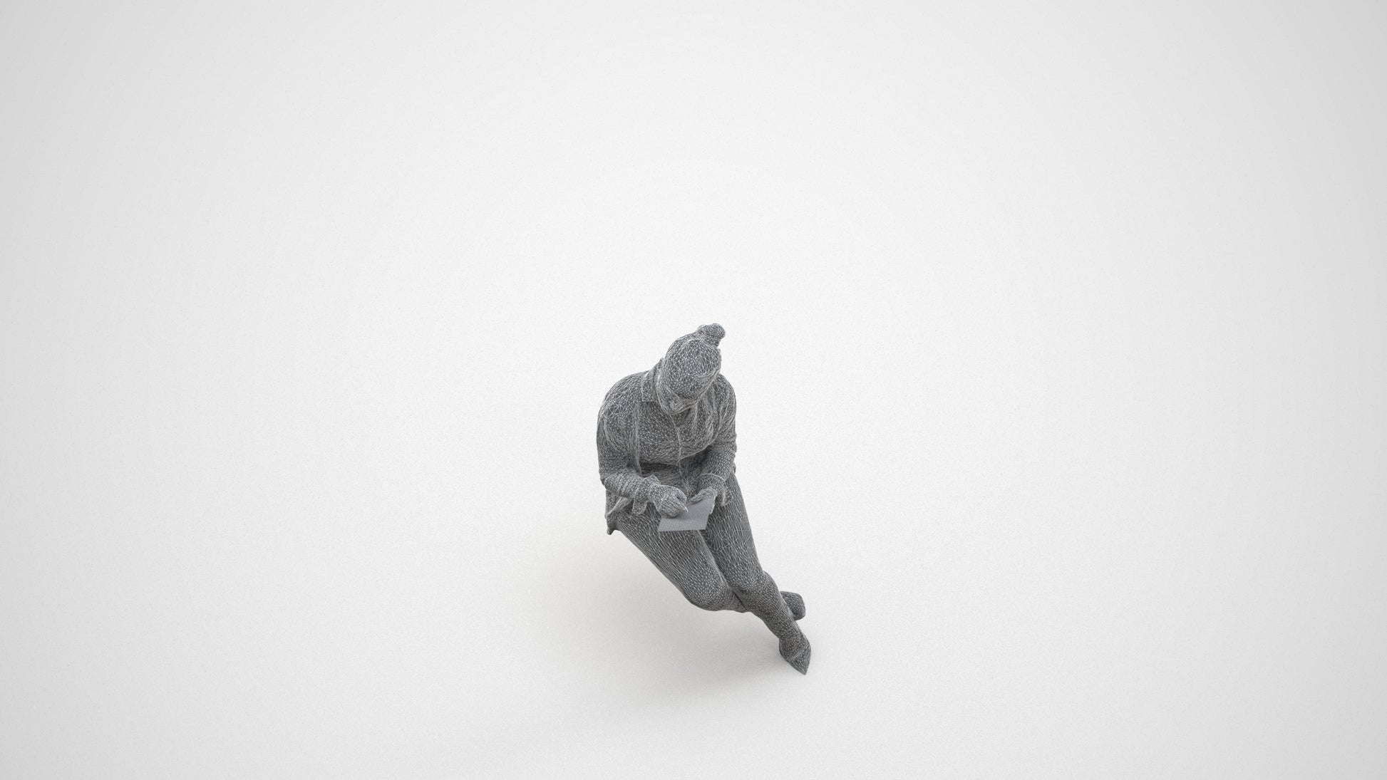 realistic 3D woman business sitting, scanned archviz people for Blender and 3ds Max, wireframe three-quarter view