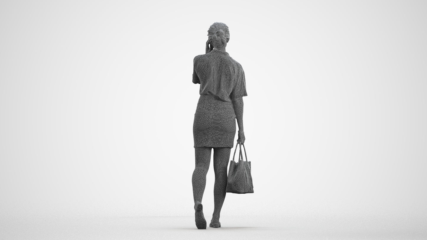 3D scanned woman shopping casual, photorealistic archviz people for Enscape and SketchUp, wireframe front view