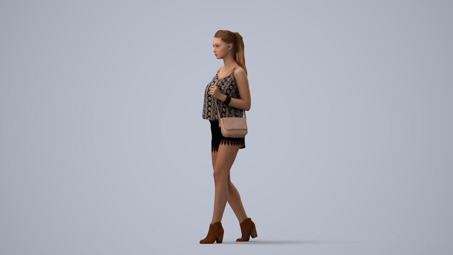 realistic 3D people girl casual walking, render-ready for V-Ray and Corona, FBX OBJ, three-quarter view render