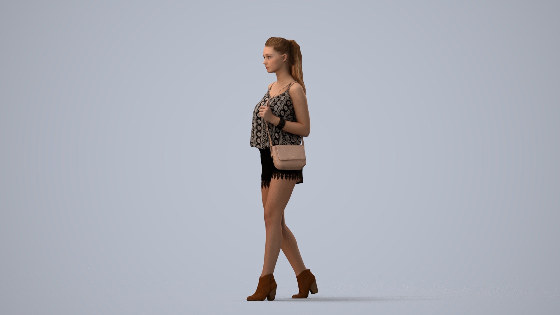 realistic 3D people girl casual walking, render-ready for V-Ray and Corona, FBX OBJ, three-quarter view render