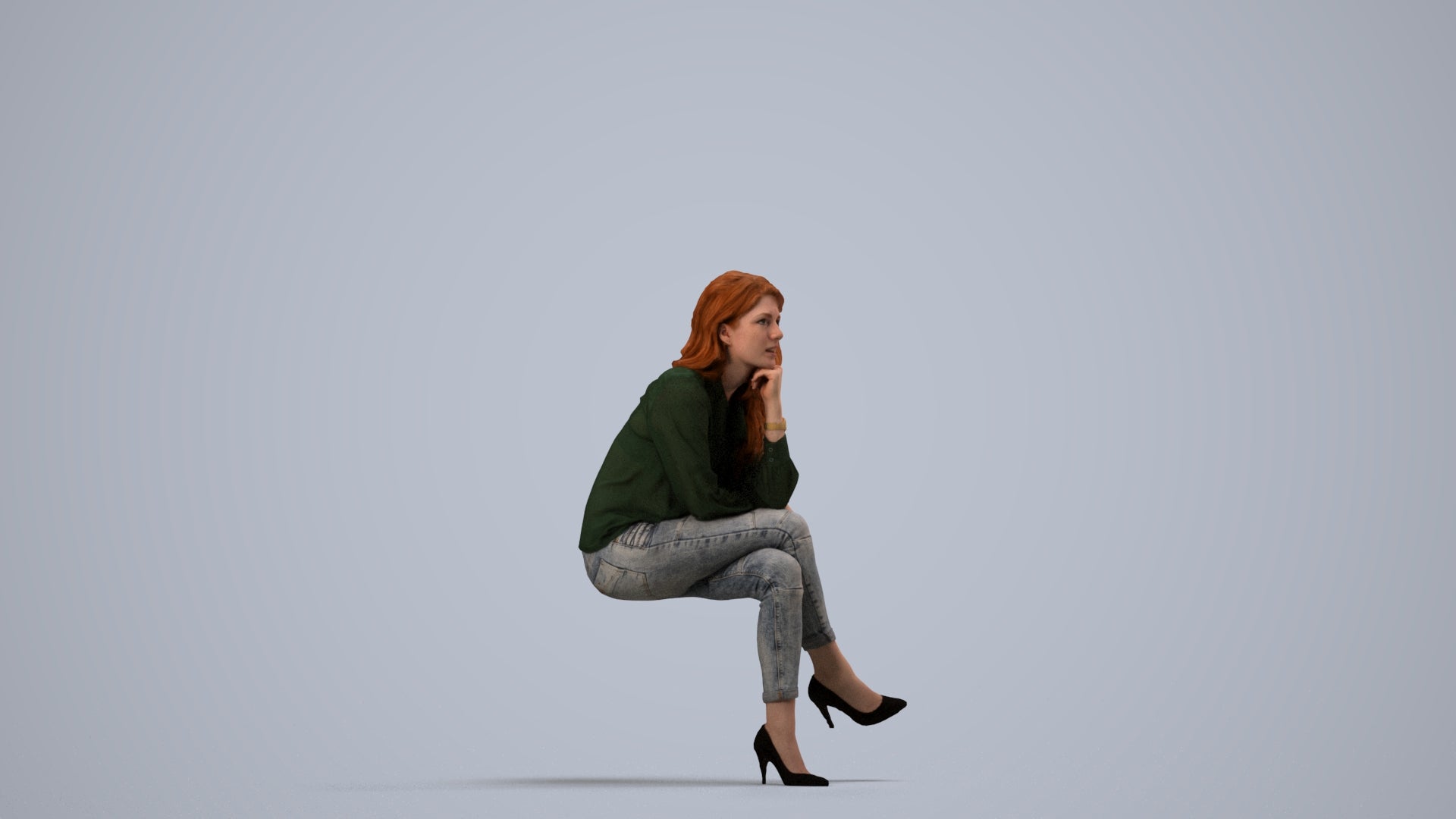 realistic 3D human woman casual sitting, archviz people FBX OBJ for Blender, side view render