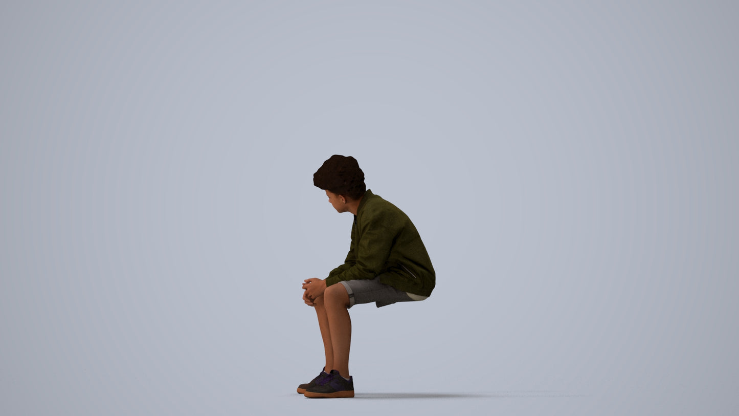 3D human model boy casual kids, photogrammetry scanned person for archviz, three-quarter view render