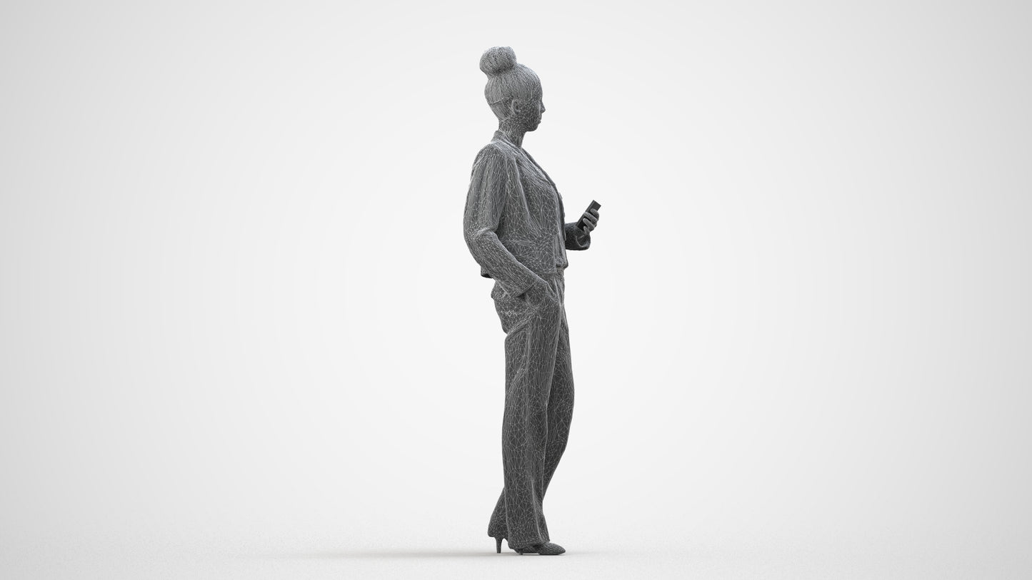 scanned 3D woman business standing, photogrammetry people for Enscape and V-Ray, wireframe side view