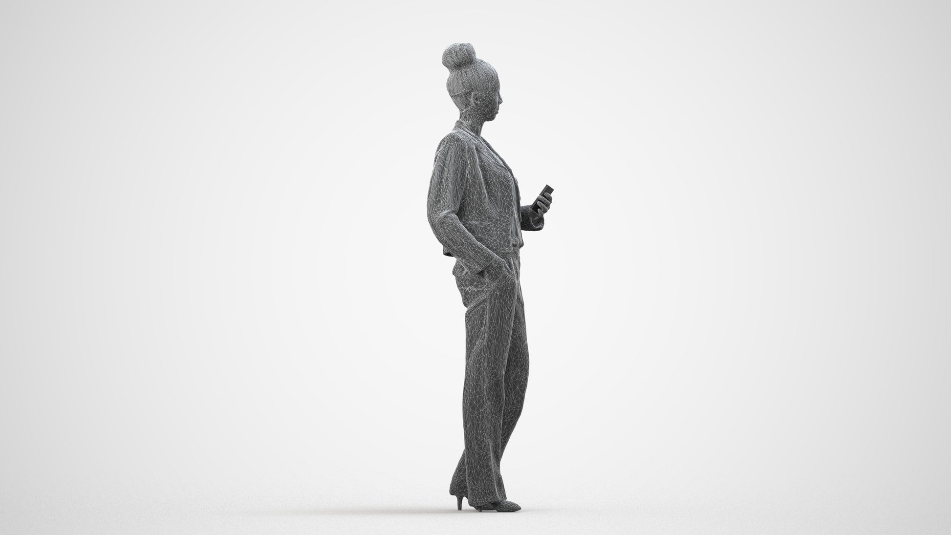 scanned 3D woman business standing, photogrammetry people for Enscape and V-Ray, wireframe side view