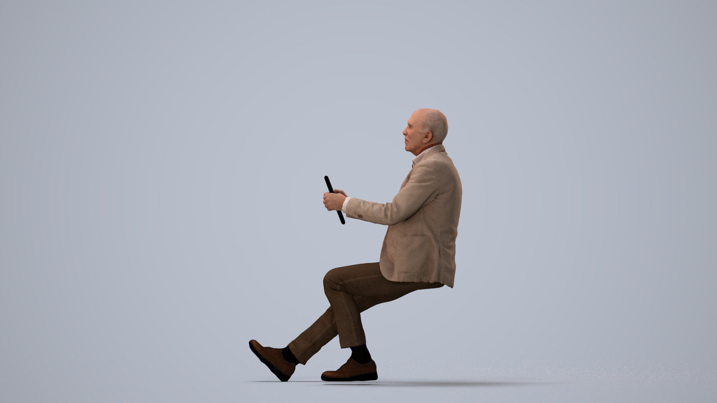 3D human model senior man business mix, photogrammetry scanned person for archviz, three-quarter view render