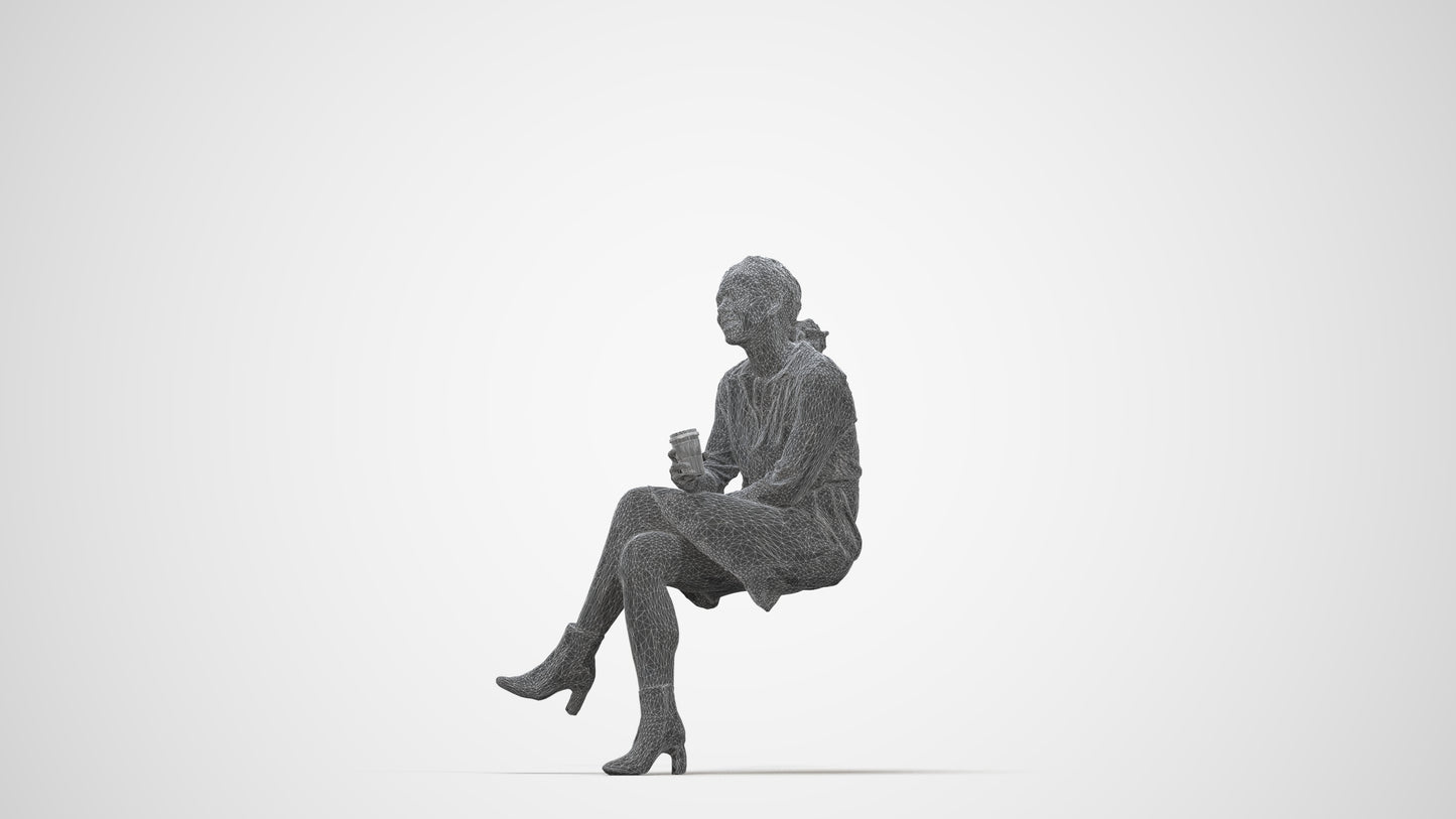 3D scanned woman sitting casual, photorealistic archviz people for Enscape and SketchUp, wireframe back view