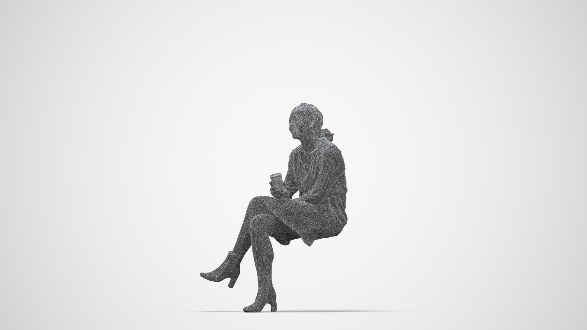 3D scanned woman sitting casual, photorealistic archviz people for Enscape and SketchUp, wireframe back view