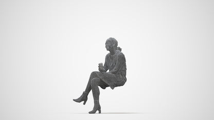 3D scanned woman sitting casual, photorealistic archviz people for Enscape and SketchUp, wireframe back view