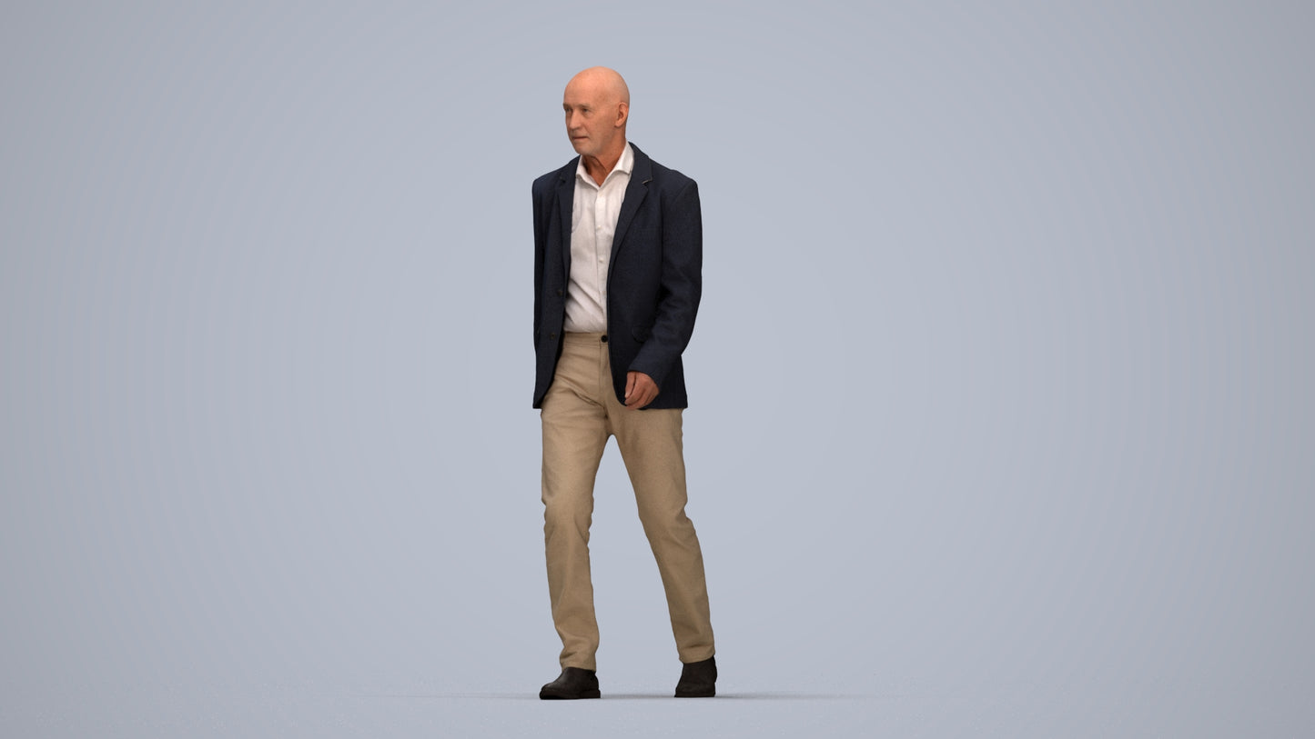 3D human model senior man business, photogrammetry scanned person for archviz, top-down view render