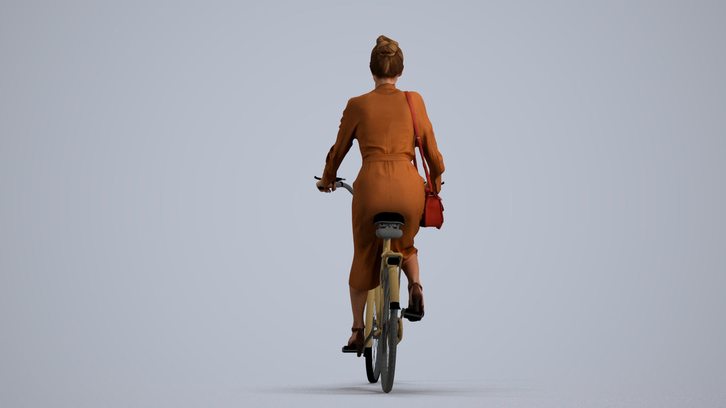 realistic 3D woman casual cycling, scanned archviz people for Blender and 3ds Max, front view render